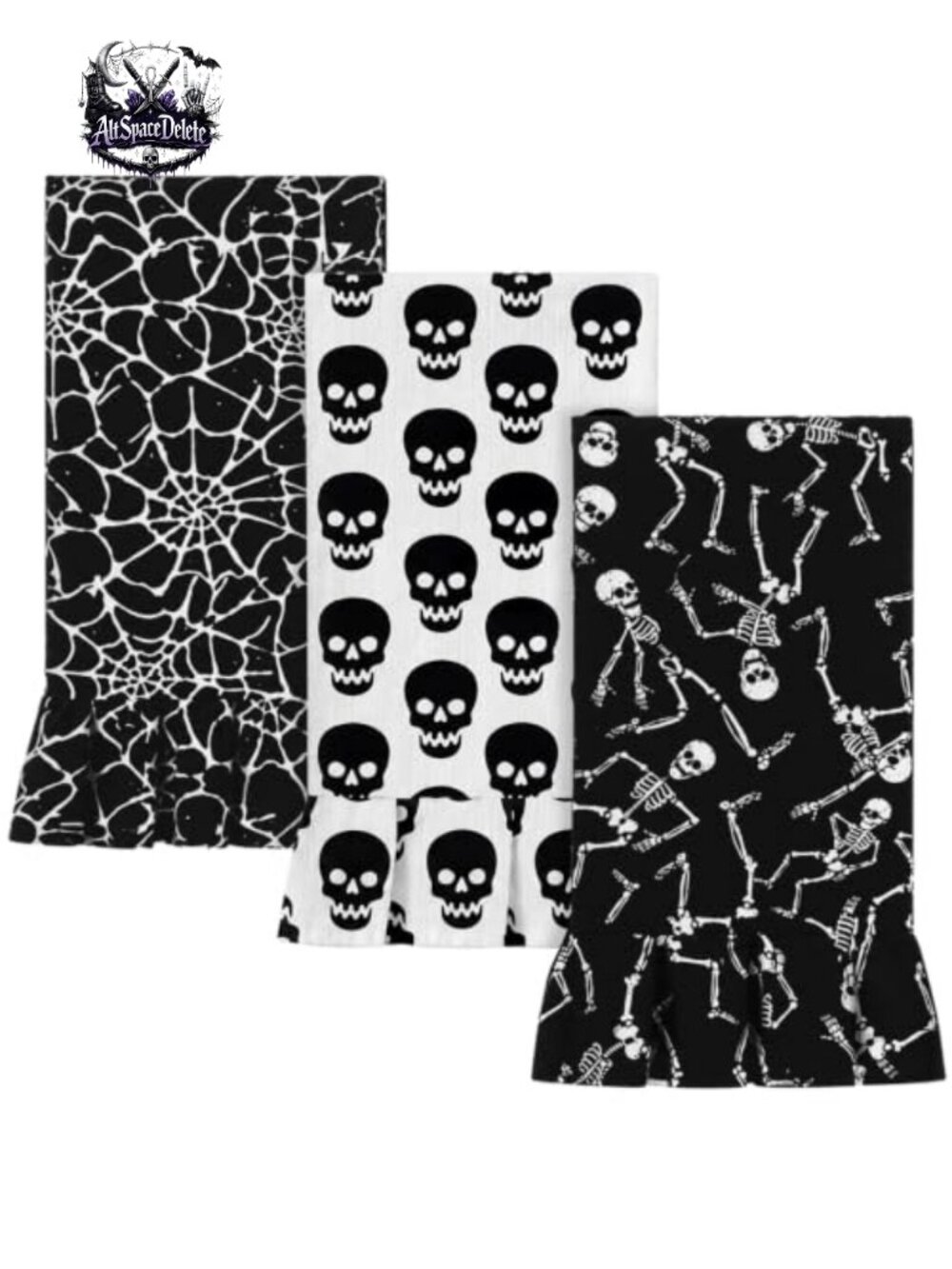 3 Pc 100% Cotton Ruffled Kitchen Towels 17x28 Skull Skeleton Spider Halloween